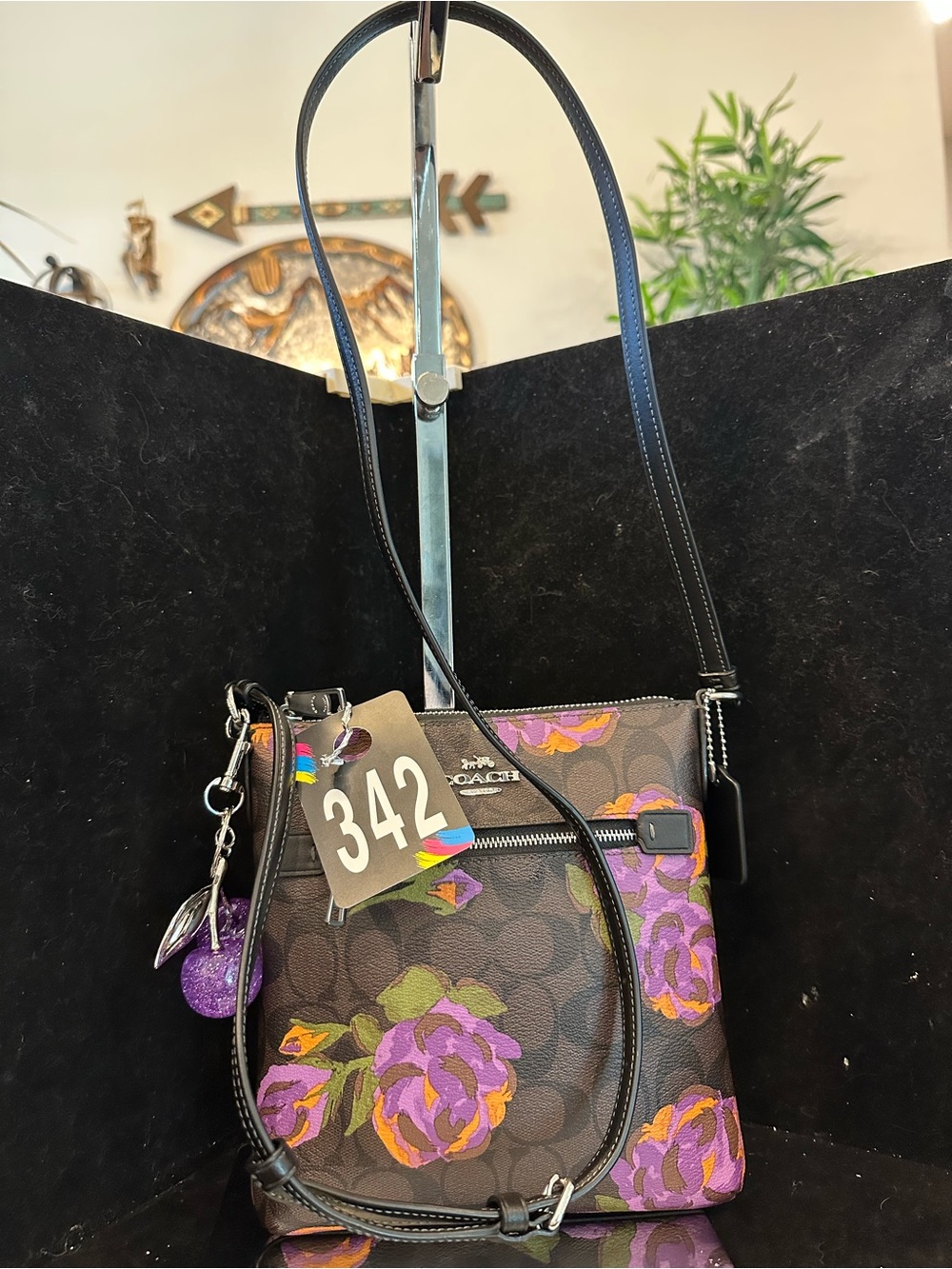 Coach #342 Mini Rowan File  Bag in Brown purple flower bag